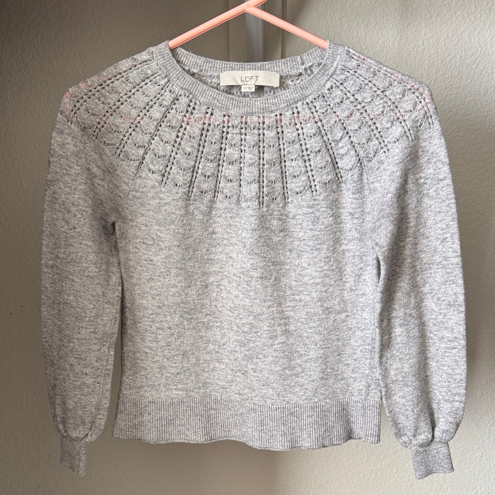 LOFT Light Heather Gray Knit Crewneck Sweater with Textured Yoke - Picture 5 of 6